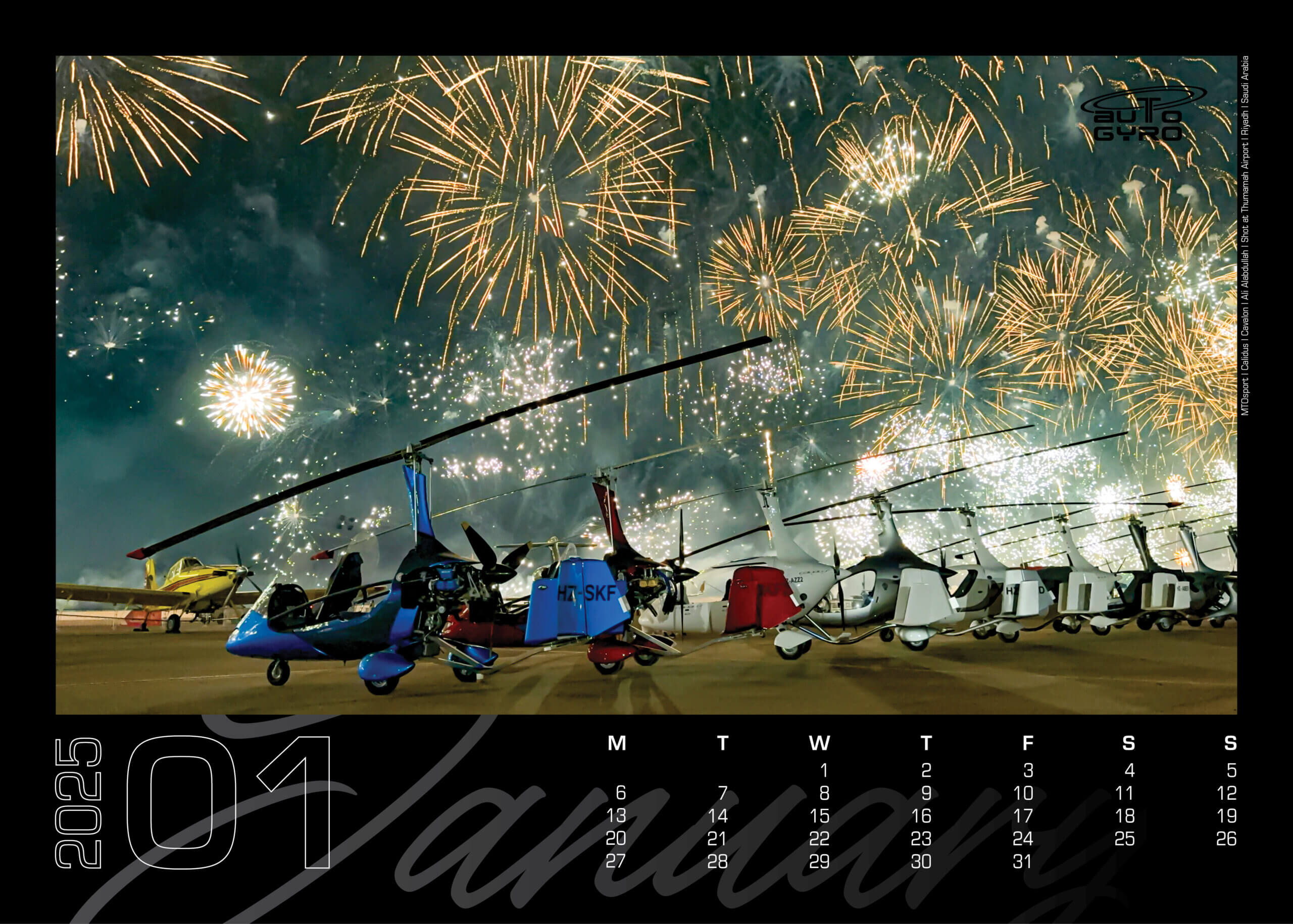 AutoGyro A row of small gyrocopters is lined up on a field under a night sky filled with vibrant fireworks. The bottom of the image shows a 2025 calendar for January.