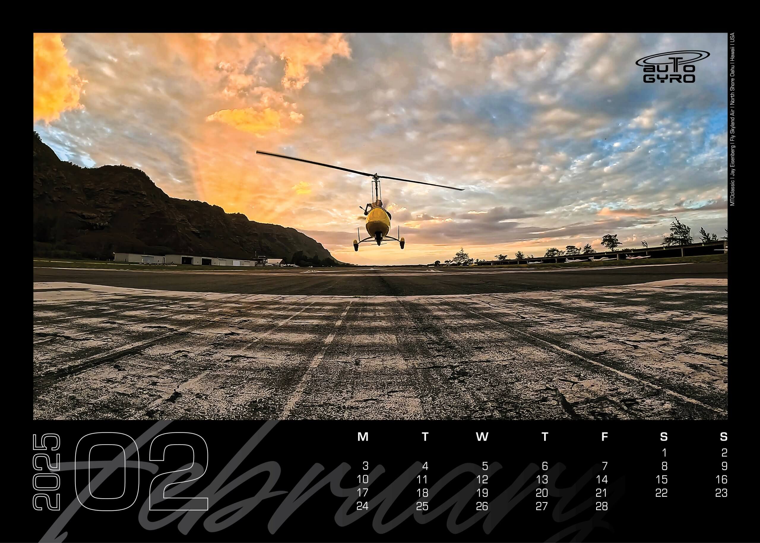 AutoGyro A helicopter takes off against a dramatic sunset sky over a textured runway, surrounded by rocky hills and scattered trees. The lower portion features a February 2025 calendar with days and a stylized script.