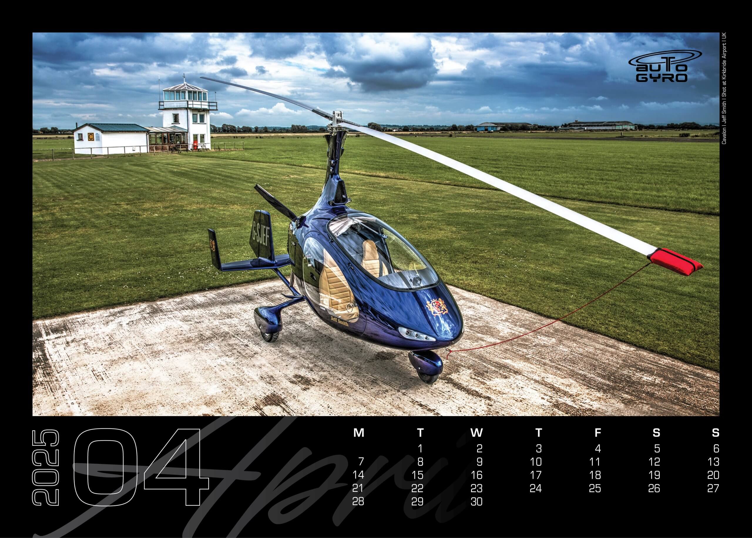 AutoGyro A blue helicopter is parked on a concrete helipad in an open grassy field with clouds overhead. A small white building is in the background. The image is part of a calendar for April 2025.