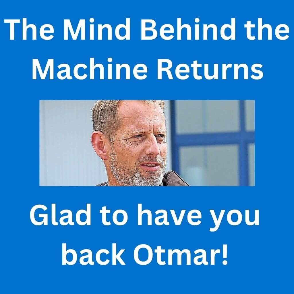 The Mind Behind the Machine Returns AutoGyro A man with short hair and a beard is shown in the center. The text above reads, The Mind Behind the Machine Returns and below, Glad to have you back Otmar! on a blue background.