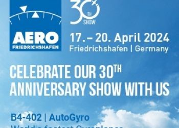 Werbebanner für die AERO-Messe in Friedrichshafen 17.-20. April 2024. Besucht uns am Stand B4-402 und erlebt unsere AutoGyro Modelle mit neuem Motor.